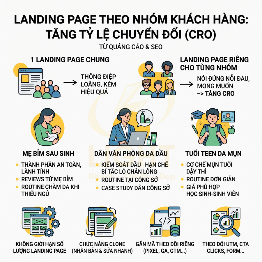 Mô hình landing page theo nhóm khách hàng giúp tăng tỷ lệ chuyển đổi từ quảng cáo và SEO