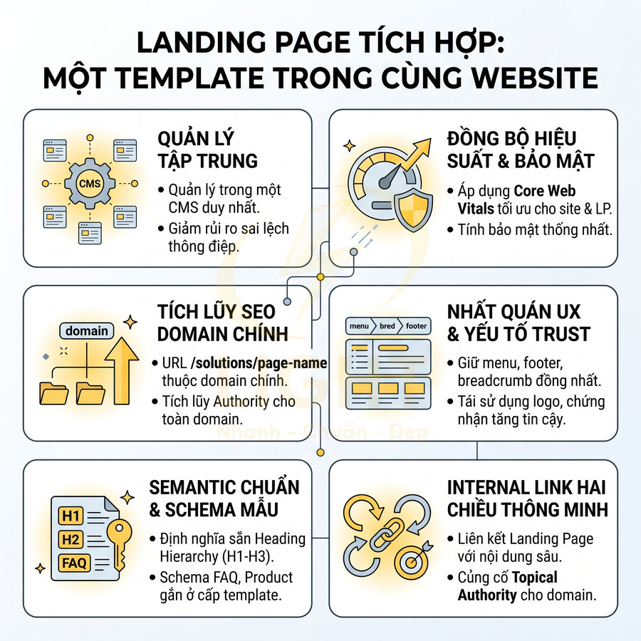 Infographic lợi ích landing page tích hợp một template trong website về quản lý, SEO, UX, schema và internal link