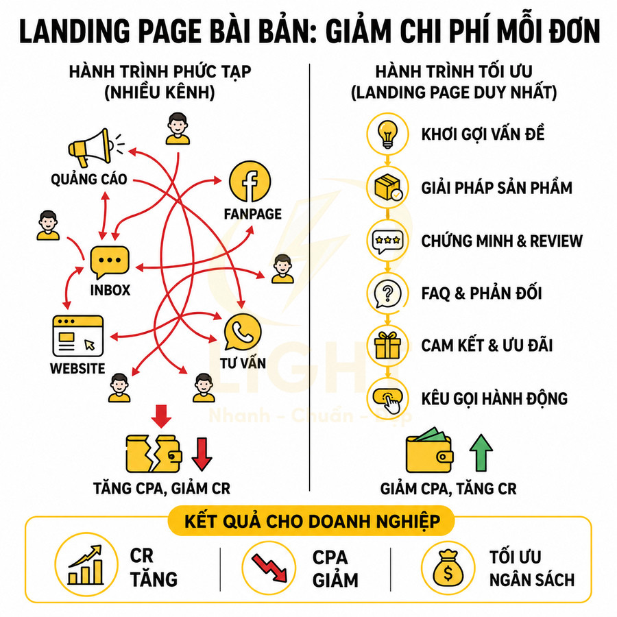 Mô hình so sánh hành trình khách hàng đa kênh và landing page tối ưu giúp giảm CPA tăng CR