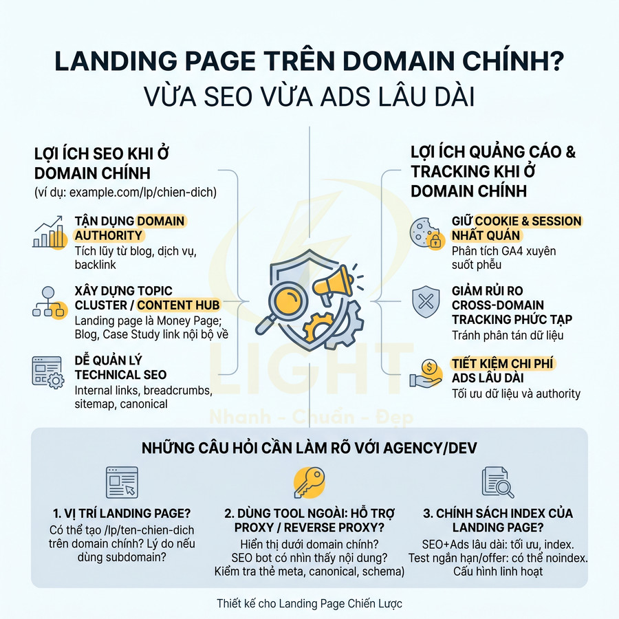 Infographic lợi ích đặt landing page trên domain chính cho SEO, quảng cáo và các câu hỏi cần trao đổi với agency