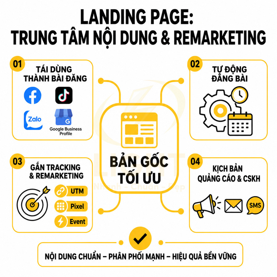 Mô hình landing page làm trung tâm nội dung và remarketing với các bước tái dùng, tự động đăng, tracking và kịch bản quảng cáo