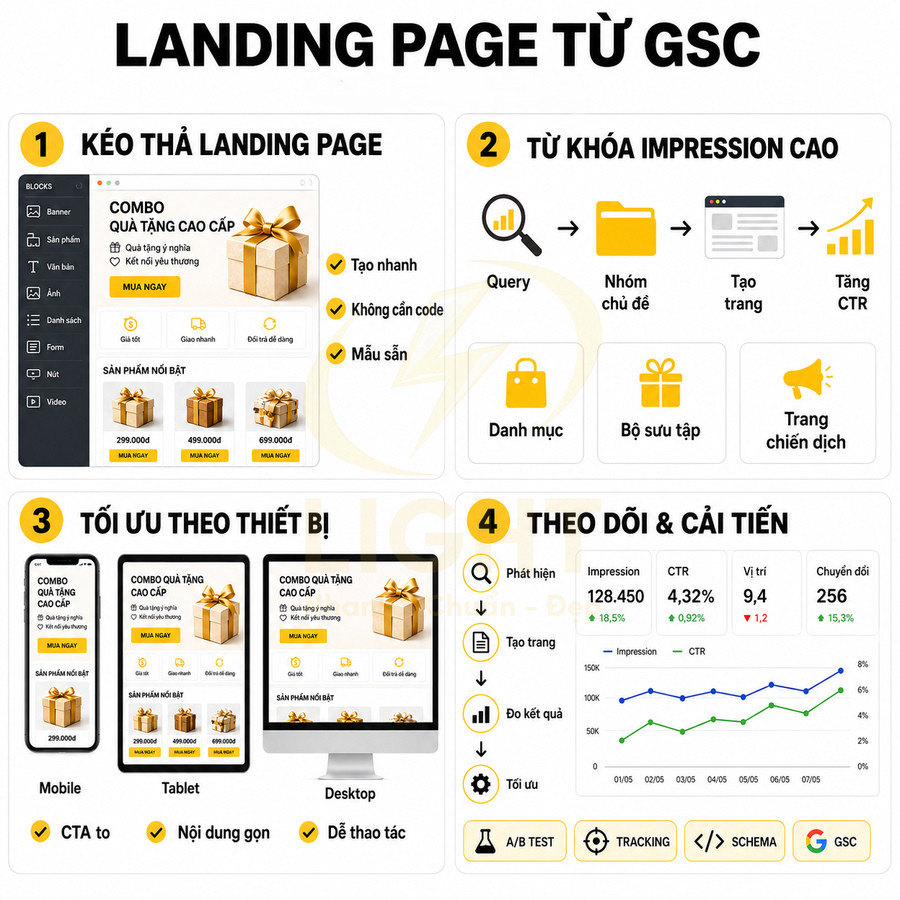 Hướng dẫn tạo landing page từ GSC với combo quà tặng cao cấp và tối ưu theo thiết bị, theo dõi chỉ số chuyển đổi