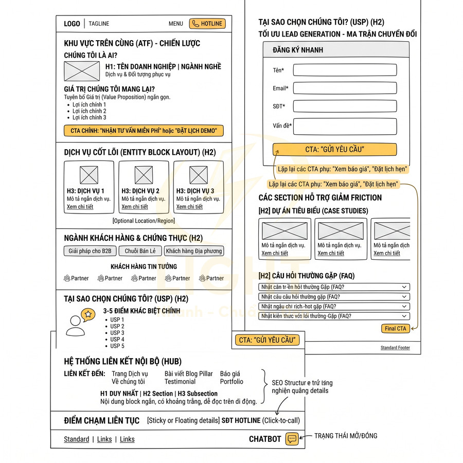 Wireframe landing page tiếng Việt với bố cục CTA, form đăng ký, dịch vụ, khách hàng và FAQ
