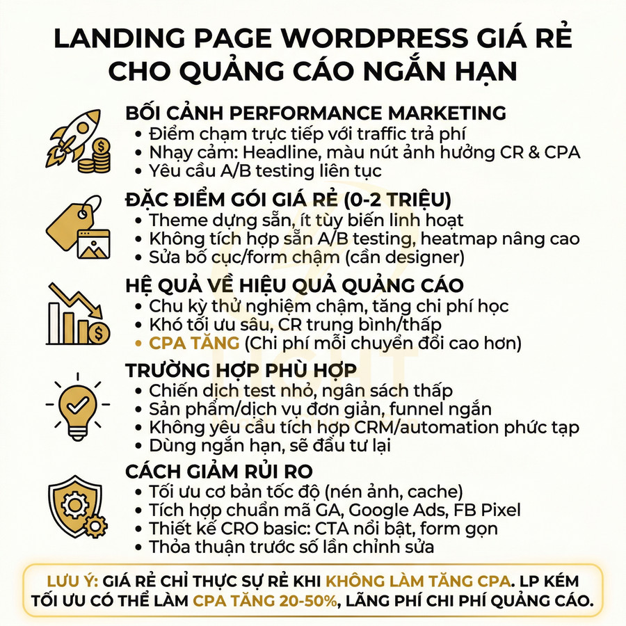 Thông tin về gói landing page WordPress giá rẻ cho quảng cáo ngắn hạn, nêu ưu nhược điểm và cách giảm rủi ro