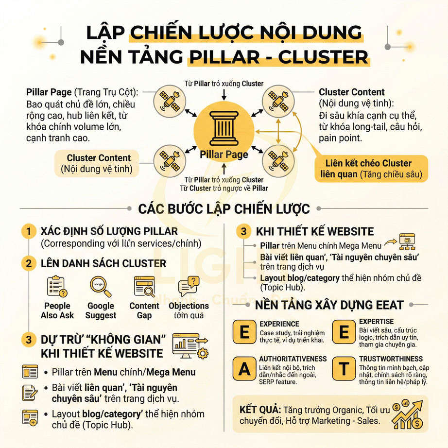 Infographic hướng dẫn lập chiến lược nội dung SEO theo mô hình pillar cluster và các bước triển khai chi tiết