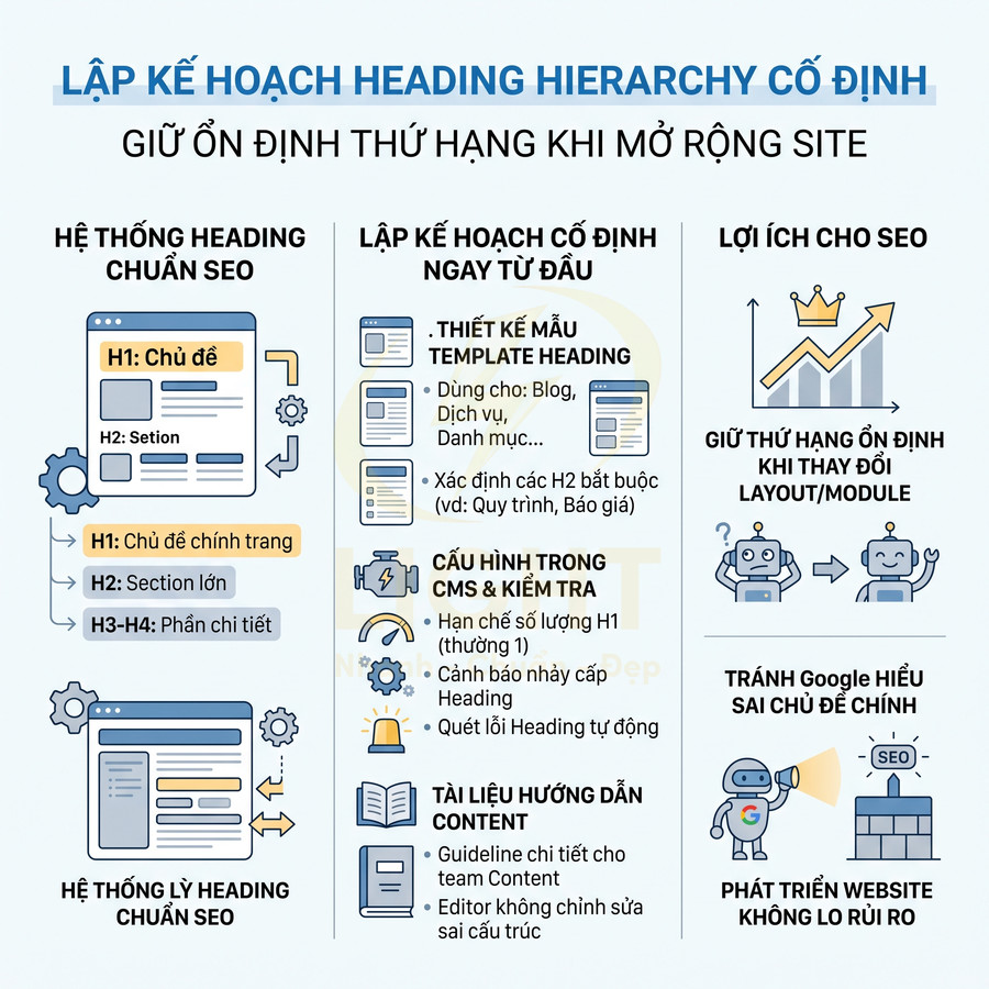 Hướng dẫn lập kế hoạch heading hierarchy cố định chuẩn SEO để giữ ổn định thứ hạng website