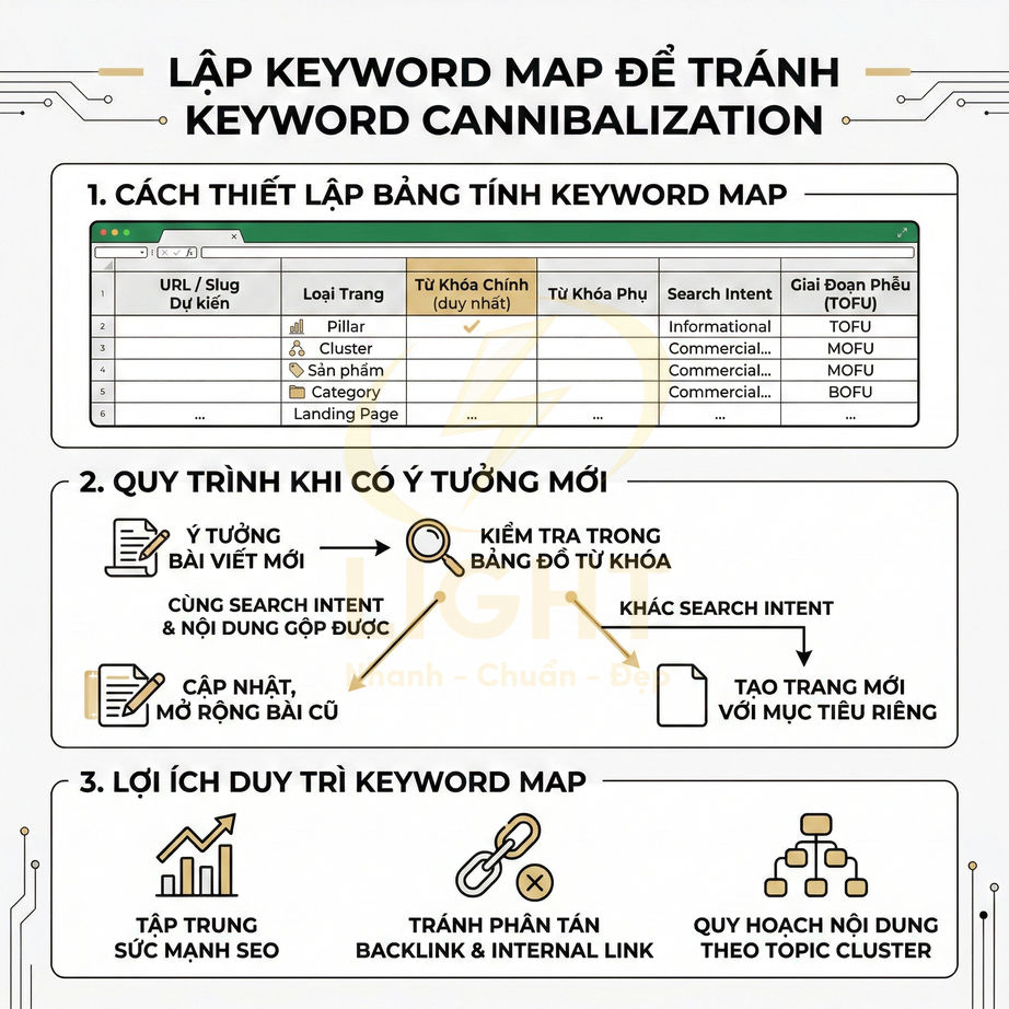 Hướng dẫn lập keyword map tránh keyword cannibalization và quy trình tối ưu nội dung SEO