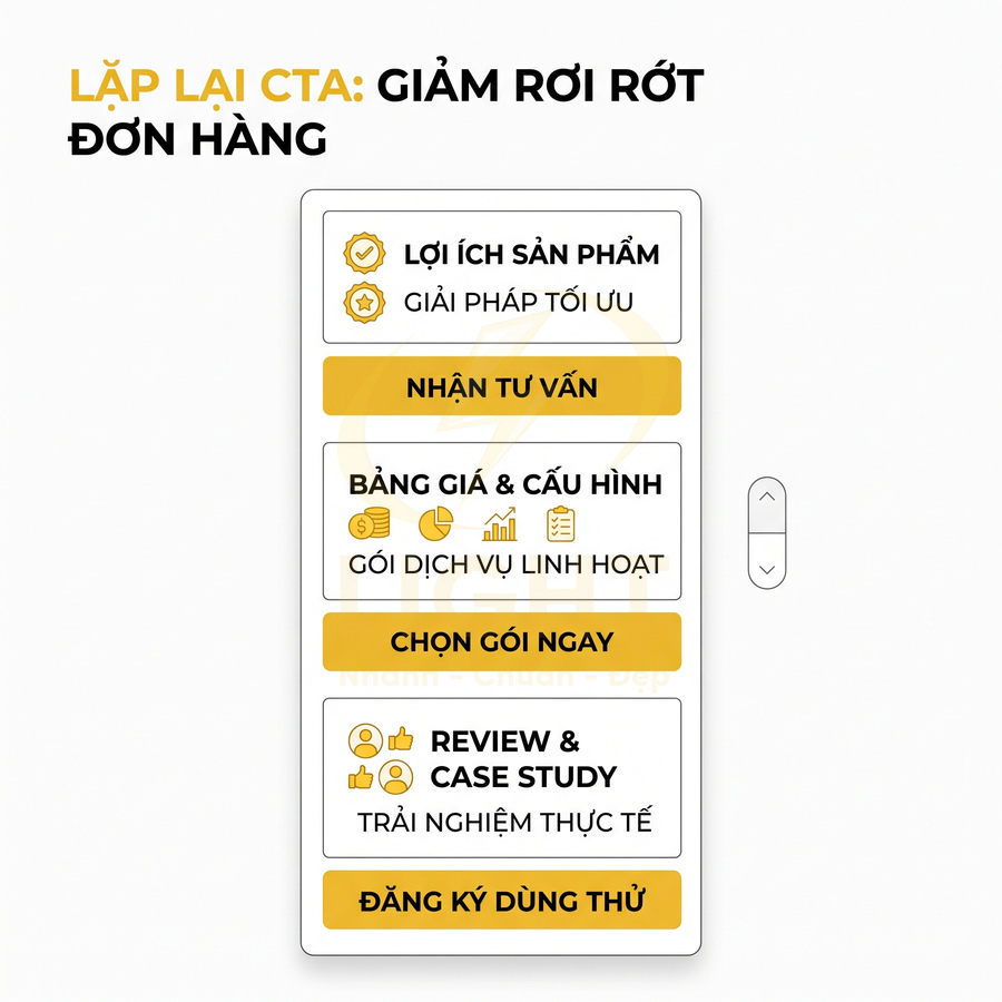 Giao diện landing page với nhiều nút CTA màu vàng như nhận tư vấn, chọn gói, đăng ký dùng thử