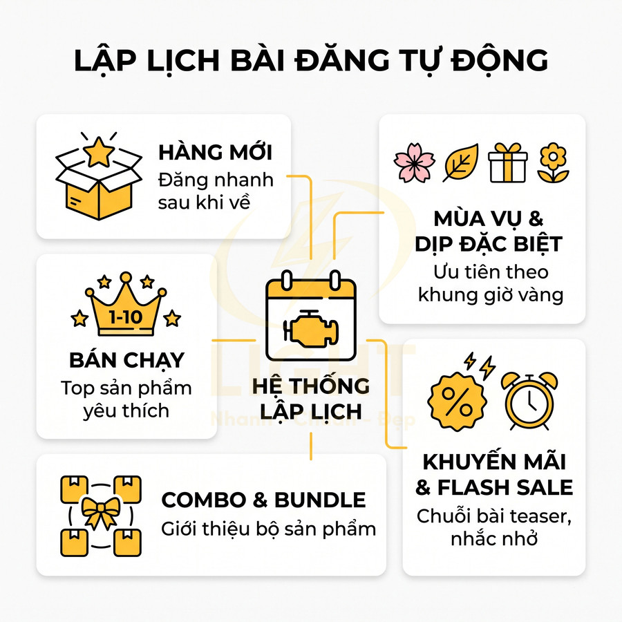 Mô tả hệ thống lập lịch bài đăng tự động cho hàng mới, bán chạy, combo, khuyến mãi và dịp đặc biệt