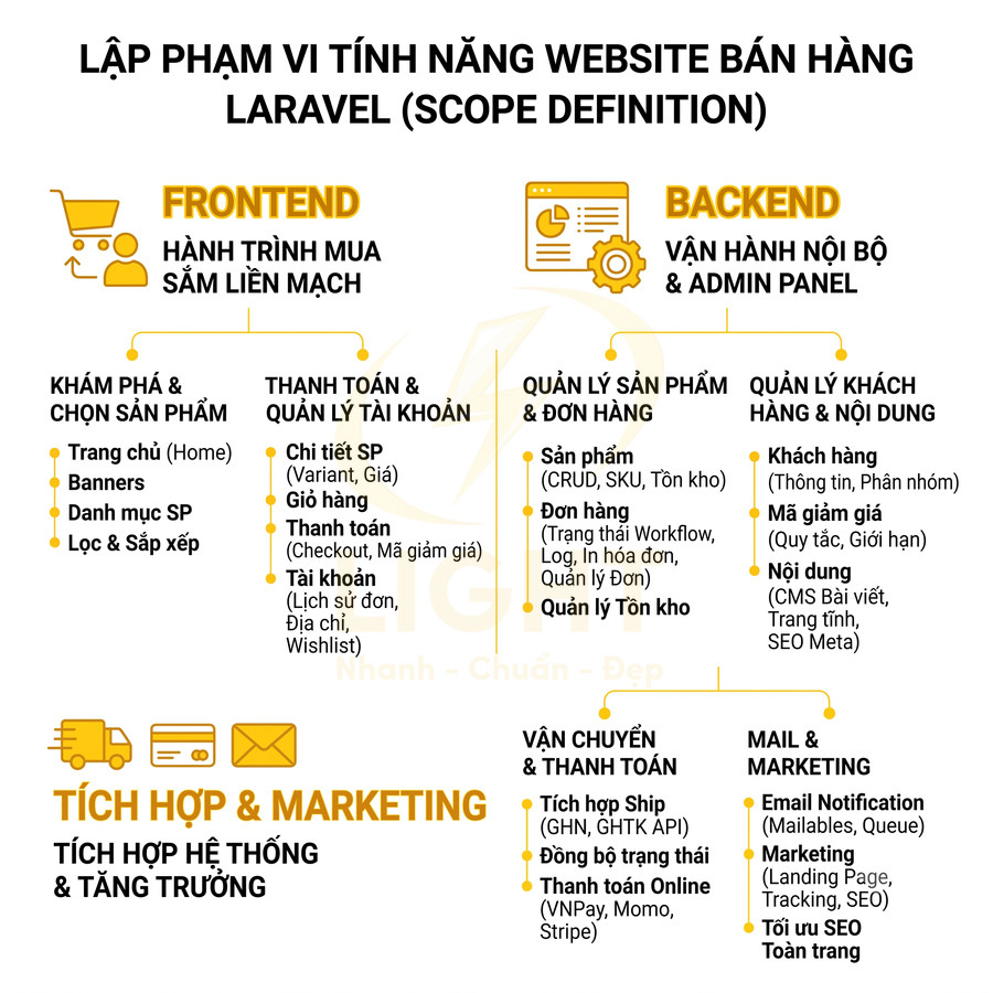 Sơ đồ tính năng website bán hàng Laravel gồm frontend, backend, tích hợp vận chuyển, thanh toán và marketing