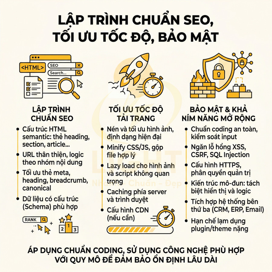 Lập trình chuẩn SEO tối ưu tốc độ bảo mật với HTML semantic, nén ảnh, minify CSS JS và cấu hình bảo mật web