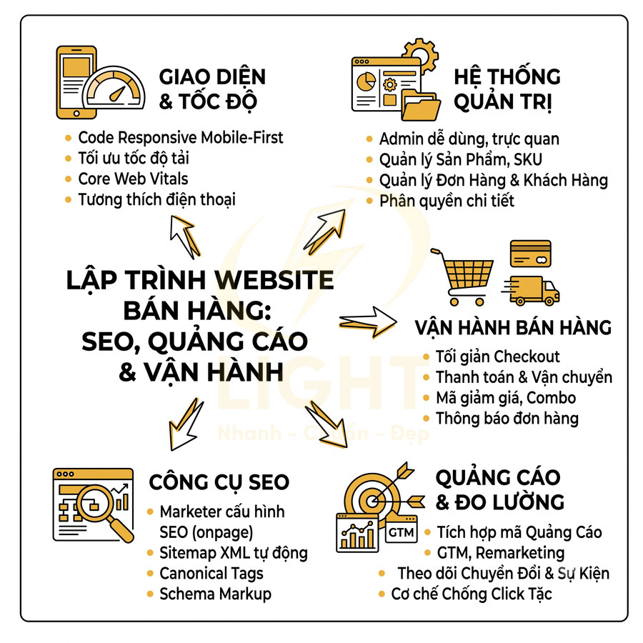 Mô tả dịch vụ lập trình website bán hàng chuẩn SEO, quảng cáo và vận hành với giao diện nhanh, công cụ SEO và đo lường