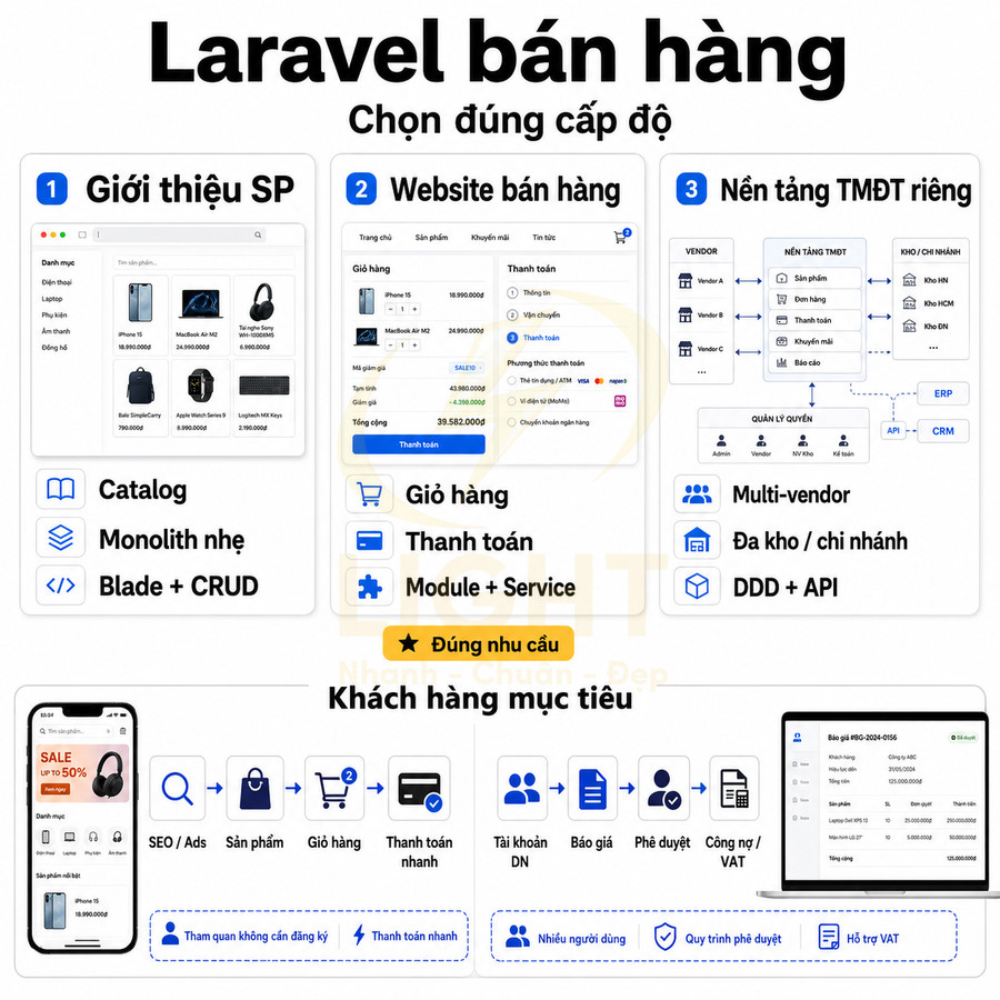 Mô hình các cấp độ xây dựng website bán hàng bằng Laravel với giỏ hàng, thanh toán và nền tảng TMĐT riêng