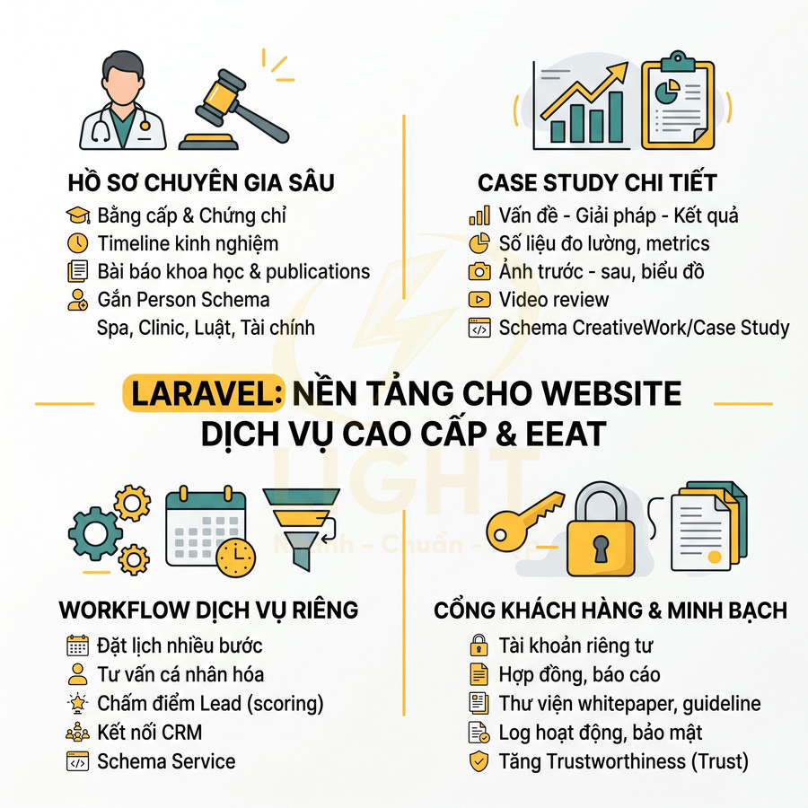 Infographic giới thiệu lợi ích dùng Laravel xây dựng website dịch vụ cao cấp chuẩn EEAT bằng hồ sơ chuyên gia, case study và workflow riêng