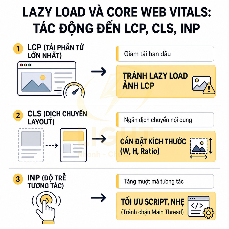 Infographic hướng dẫn tối ưu lazy load ảnh và script để cải thiện Core Web Vitals LCP CLS INP cho website