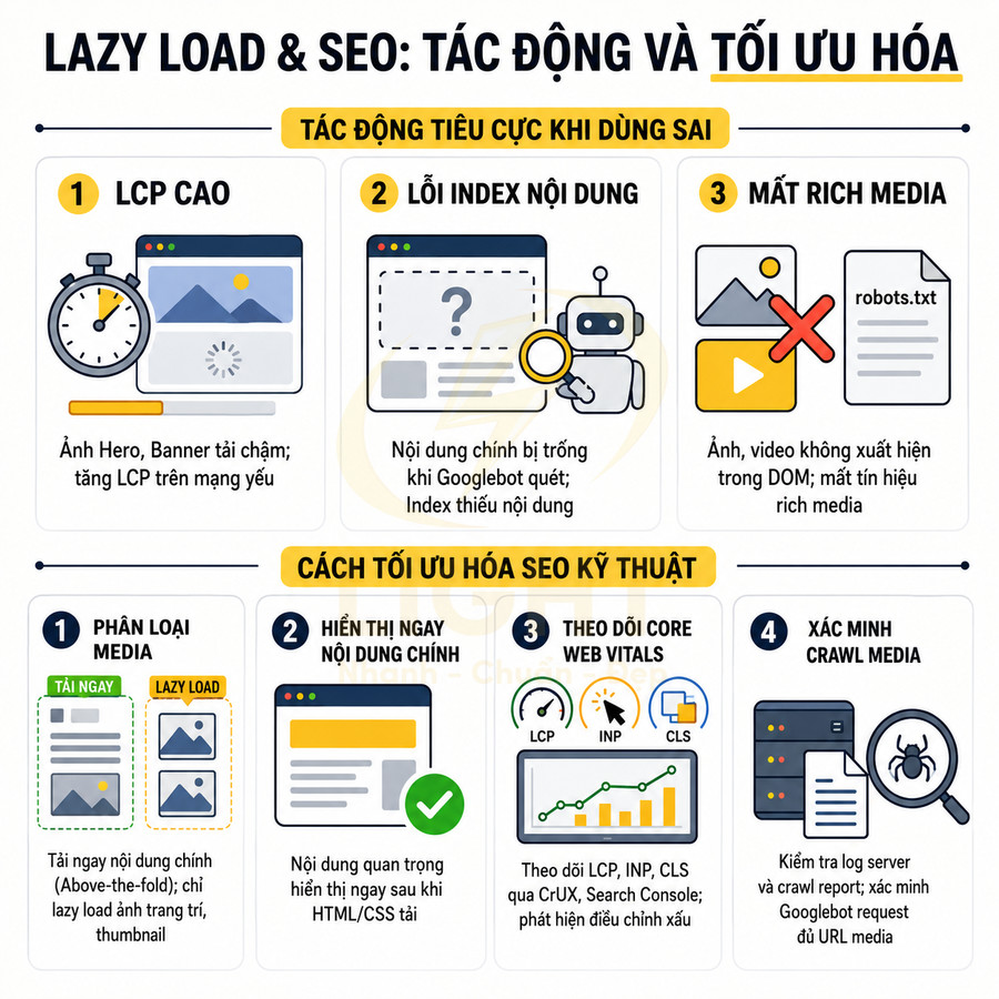 Infographic về tác động của lazy load đến SEO và cách tối ưu kỹ thuật để tránh lỗi LCP, index và rich media