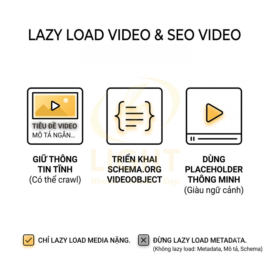 Hướng dẫn tối ưu lazy load video cho SEO với tiêu đề, schema VideoObject và placeholder thông minh