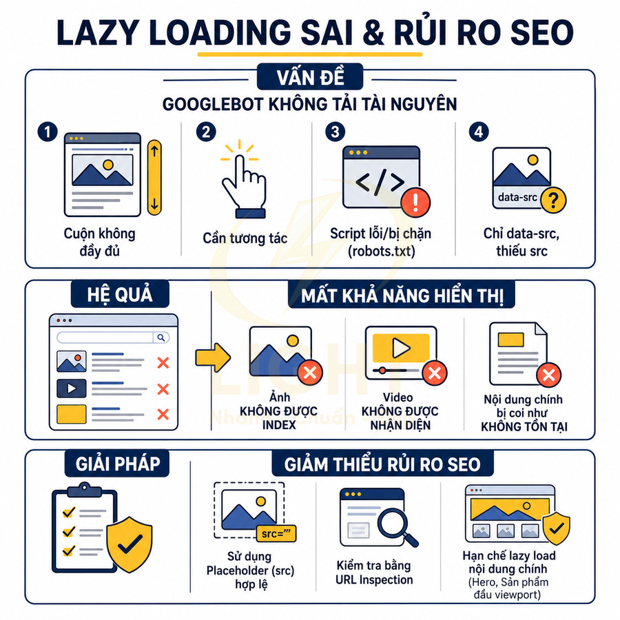 Infographic giải thích lazy loading sai gây rủi ro SEO và cách khắc phục để Googlebot index nội dung