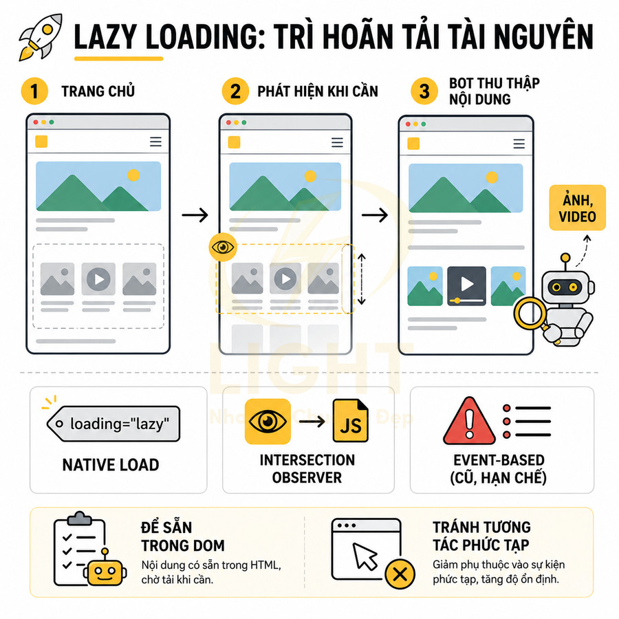 Minh họa cơ chế lazy loading trì hoãn tải hình ảnh và video trên trang web để tối ưu hiệu suất