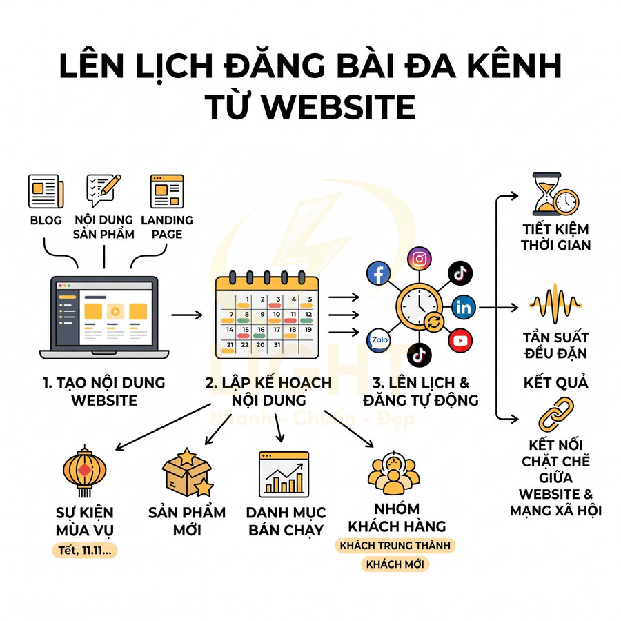 Quy trình lên lịch đăng bài tự động từ website lên Facebook, Instagram, TikTok và các mạng xã hội khác