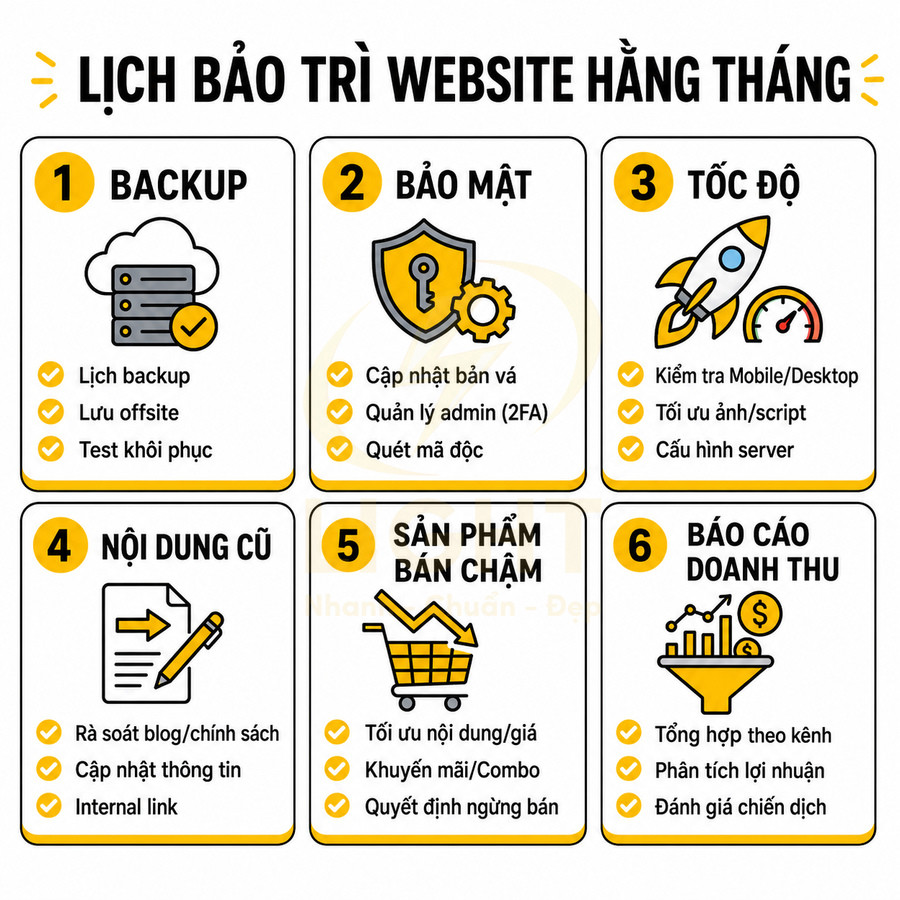 Lịch bảo trì website hàng tháng với 6 bước về backup, bảo mật, tốc độ, nội dung, sản phẩm bán chậm và báo cáo doanh thu