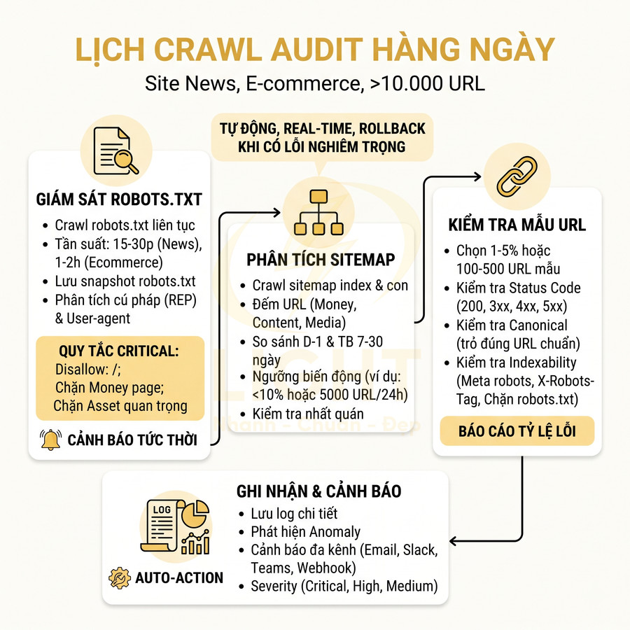 Lịch crawl audit hàng ngày cho website lớn với các bước giám sát robots.txt, phân tích sitemap, kiểm tra URL và cảnh báo lỗi