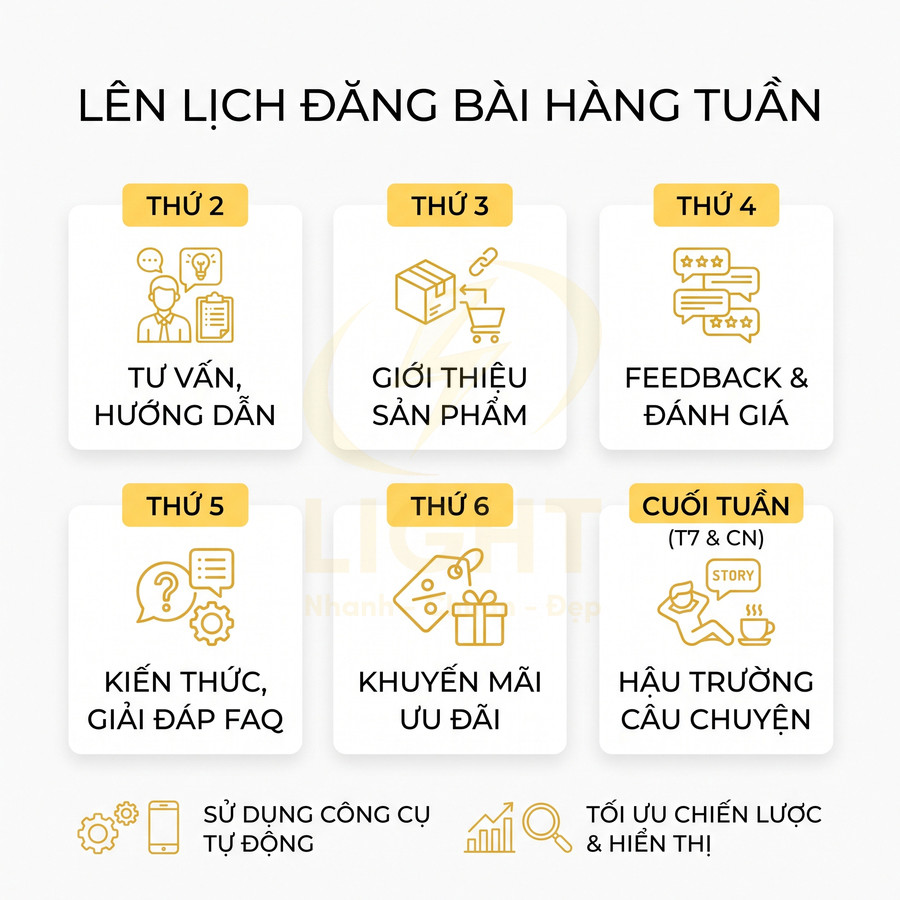 Lịch đăng bài bán hàng hàng tuần với nội dung tư vấn, giới thiệu sản phẩm, feedback, kiến thức, khuyến mãi và hậu trường