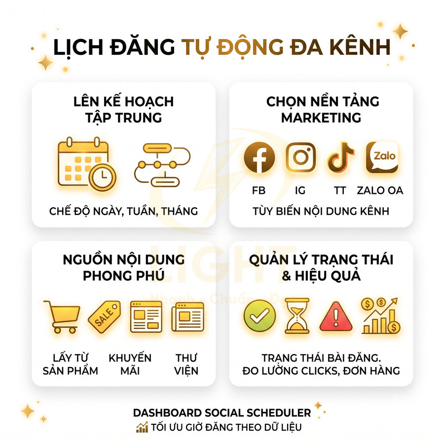 Lịch đăng tự động đa kênh cho Facebook Instagram TikTok Zalo, quản lý nội dung và đo lường hiệu quả marketing