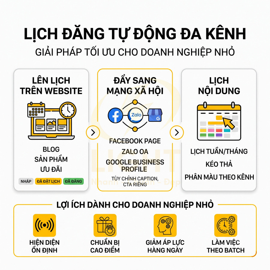 Giải pháp lịch đăng tự động đa kênh cho doanh nghiệp nhỏ, lên lịch website và mạng xã hội Facebook Zalo Google