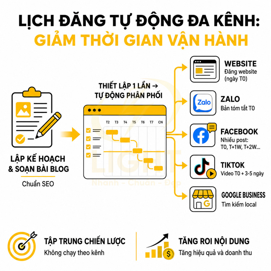 Lịch đăng bài tự động đa kênh cho website, Zalo, Facebook, TikTok, Google Business giúp tiết kiệm thời gian vận hành