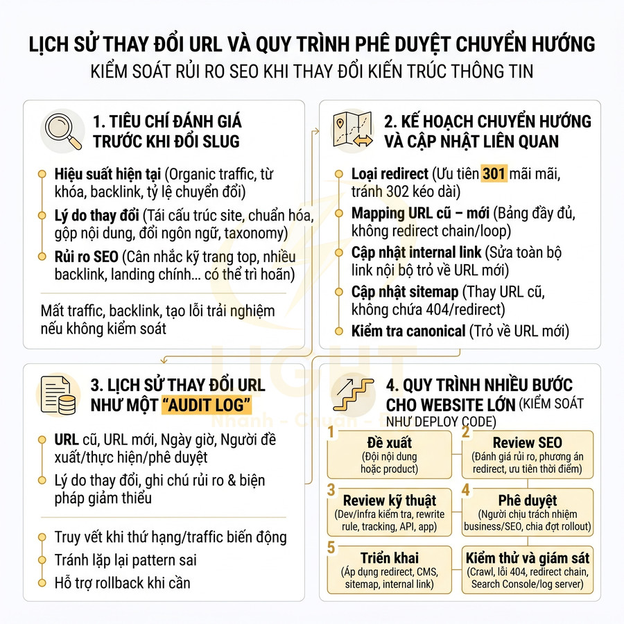 Infographic quy trình thay đổi URL và chuyển hướng 301 để kiểm soát rủi ro SEO cho website