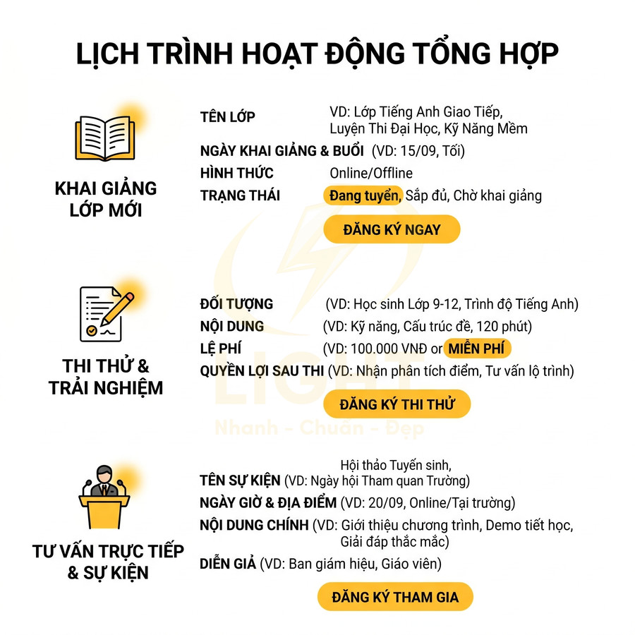 Lịch trình hoạt động tổng hợp trung tâm tiếng Anh với khai giảng lớp mới thi thử trải nghiệm và tư vấn sự kiện