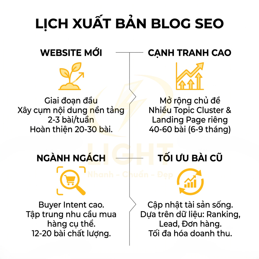 Lịch xuất bản blog SEO cho website mới, ngành ngách, cạnh tranh cao và tối ưu bài viết cũ