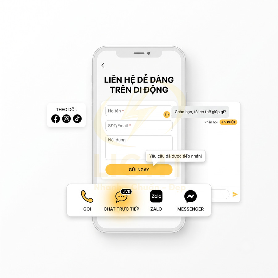Giao diện liên hệ trên điện thoại với form gửi thông tin và các nút gọi, chat trực tiếp, Zalo, Messenger