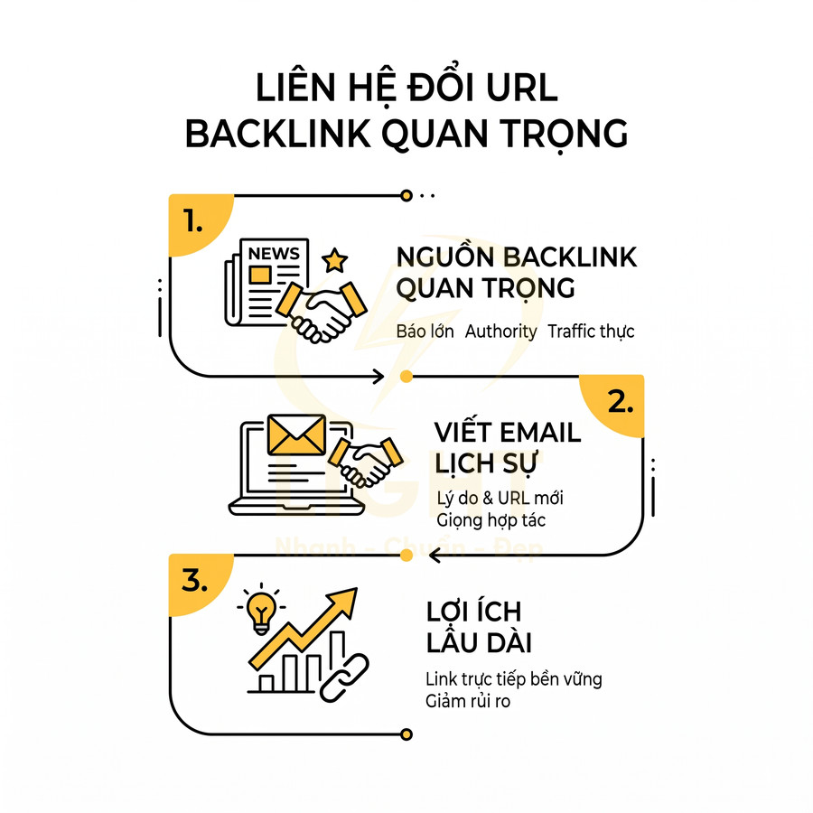 Infographic quy trình liên hệ đổi URL backlink quan trọng với ba bước và biểu tượng minh họa SEO