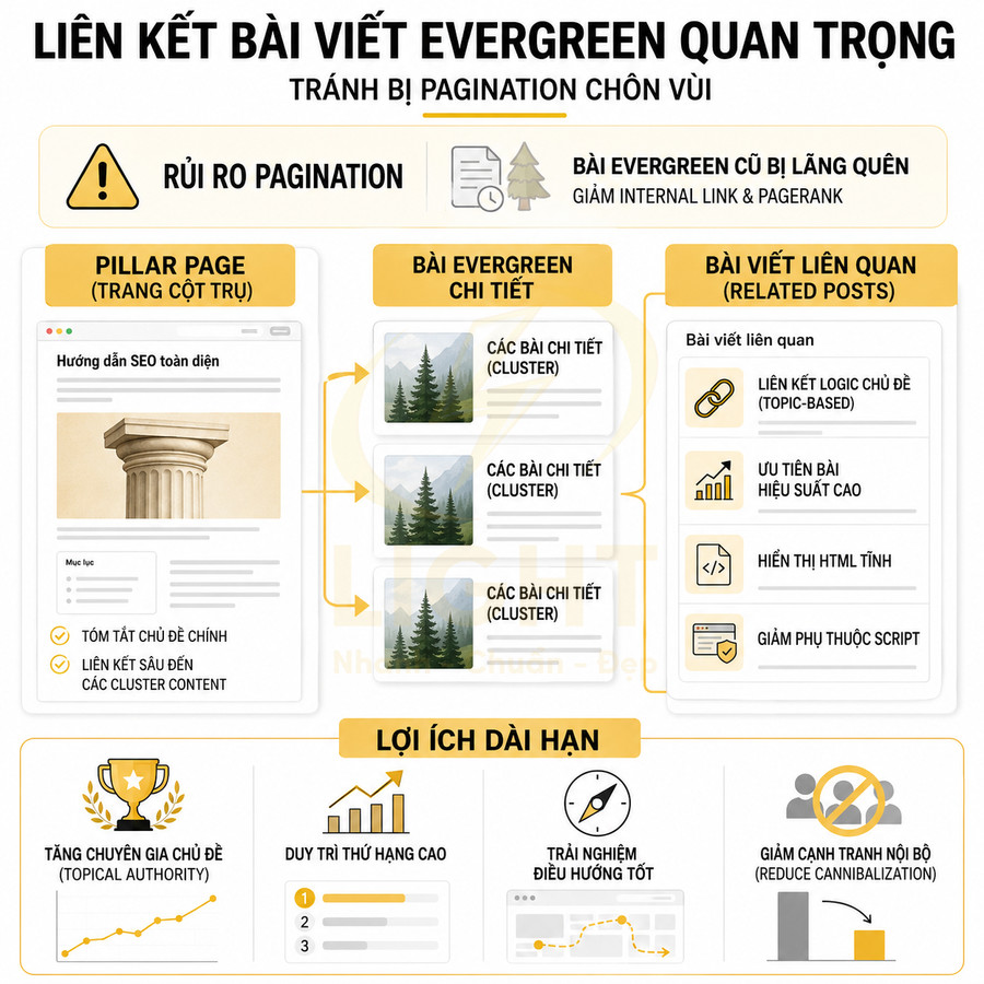 Infographic hướng dẫn liên kết bài viết evergreen, pillar page và bài viết liên quan để tối ưu SEO và tránh pagination