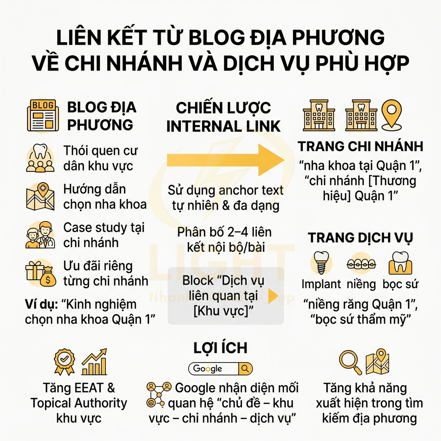 Infographic chiến lược internal link từ blog địa phương đến trang chi nhánh và trang dịch vụ nha khoa