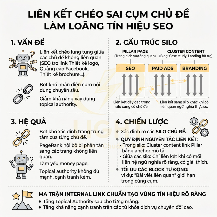 Infographic giải thích sai lầm liên kết chéo sai cụm chủ đề và cách xây dựng cấu trúc silo internal link chuẩn SEO