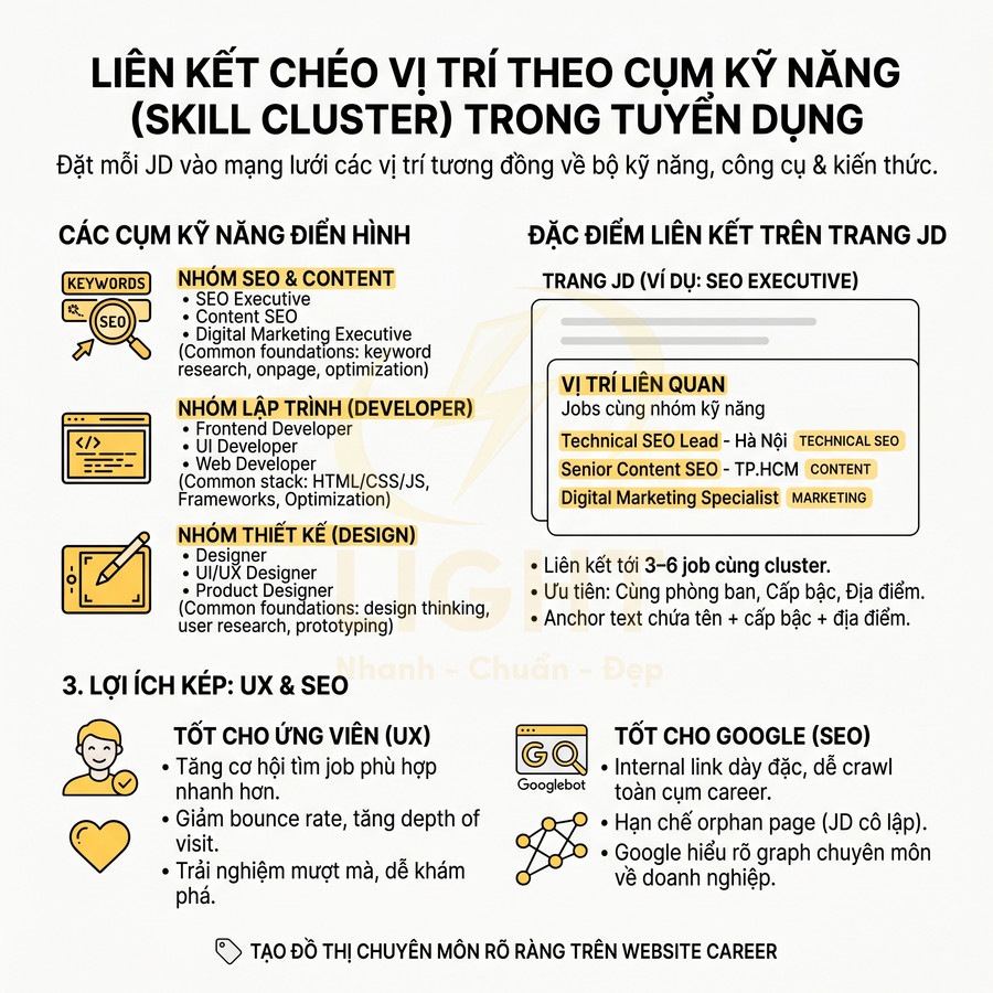 Infographic liên kết chéo vị trí theo cụm kỹ năng trong tuyển dụng, nhóm SEO content lập trình thiết kế và lợi ích UX SEO