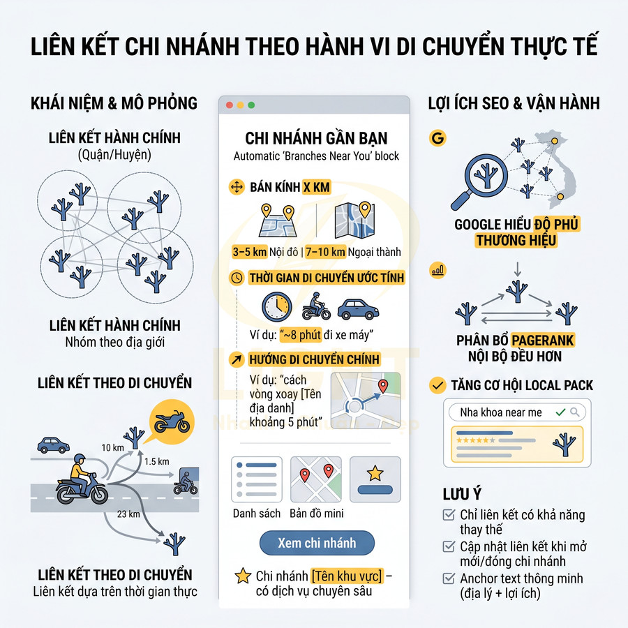 Infographic liên kết chi nhánh theo hành vi di chuyển thực tế tối ưu SEO local cho doanh nghiệp