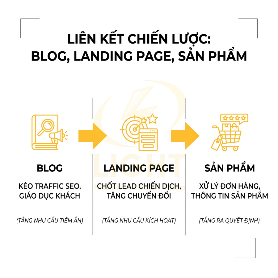 Mô hình liên kết chiến lược blog landing page và trang sản phẩm trong quy trình marketing online