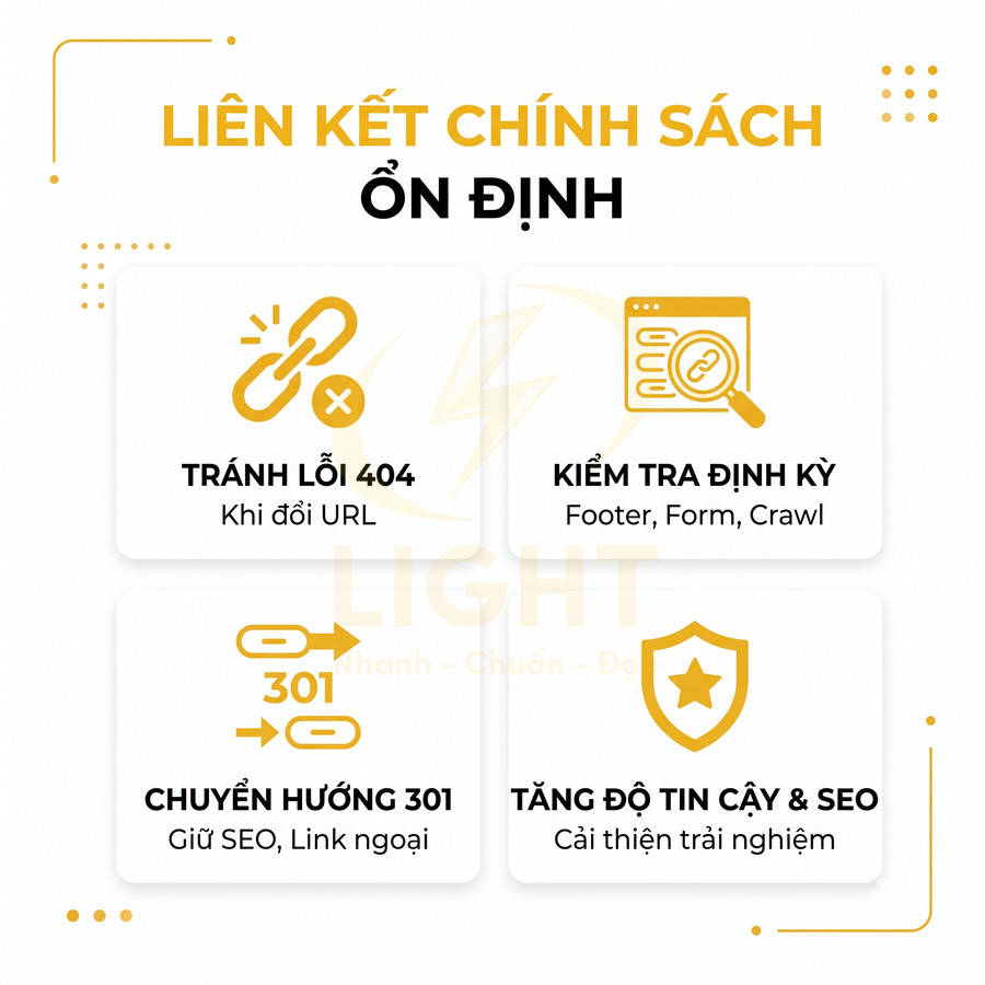 Liên kết chính sách ổn định với tránh lỗi 404, kiểm tra định kỳ, chuyển hướng 301 và tăng độ tin cậy SEO