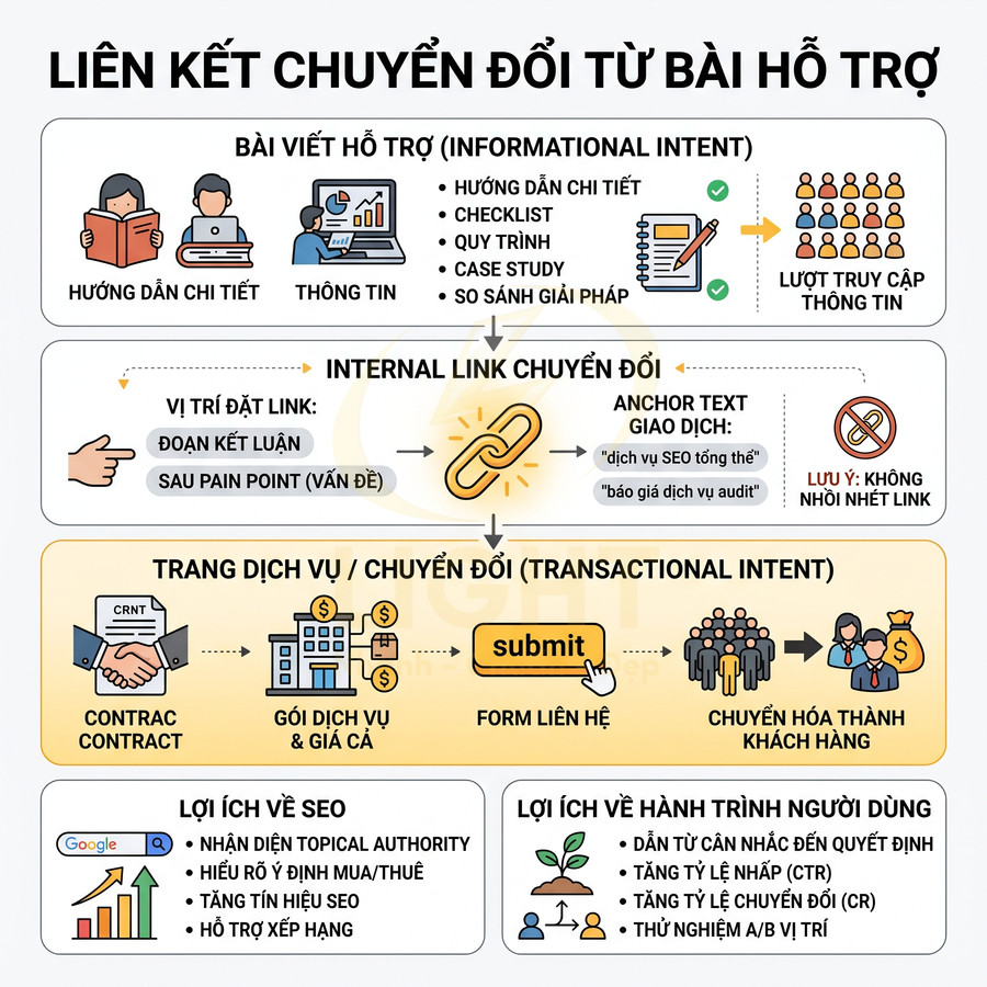 Mô hình liên kết chuyển đổi từ bài viết hỗ trợ sang trang dịch vụ và lợi ích SEO, tối ưu hành trình người dùng