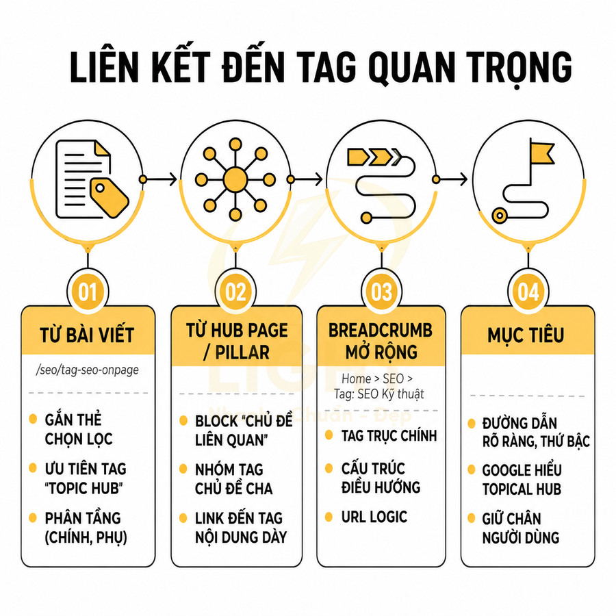 Sơ đồ quy trình liên kết đến tag quan trọng trong SEO gồm 4 bước từ bài viết đến mục tiêu cuối cùng