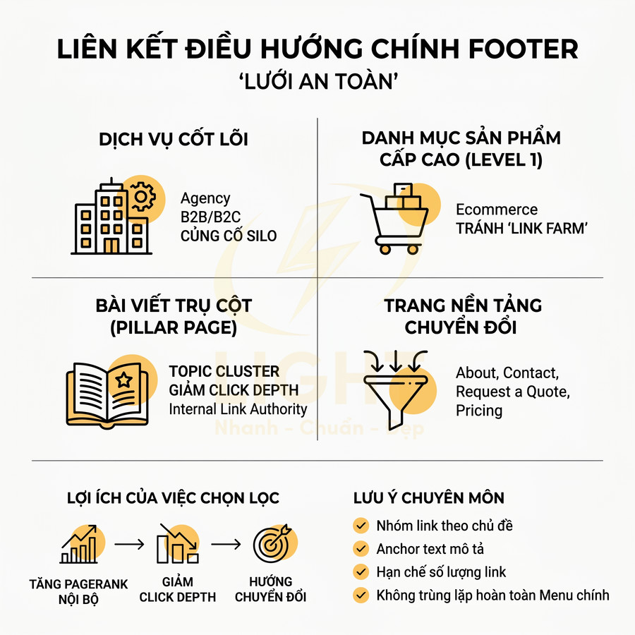 Sơ đồ liên kết điều hướng footer trình bày dịch vụ cốt lõi, danh mục sản phẩm, bài viết trụ cột và trang chuyển đổi