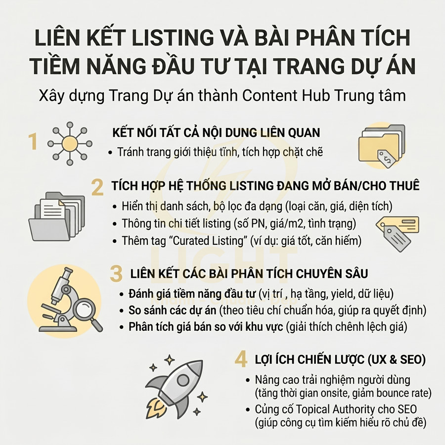 Infographic liên kết listing và bài phân tích tiềm năng đầu tư bất động sản tại trang dự án