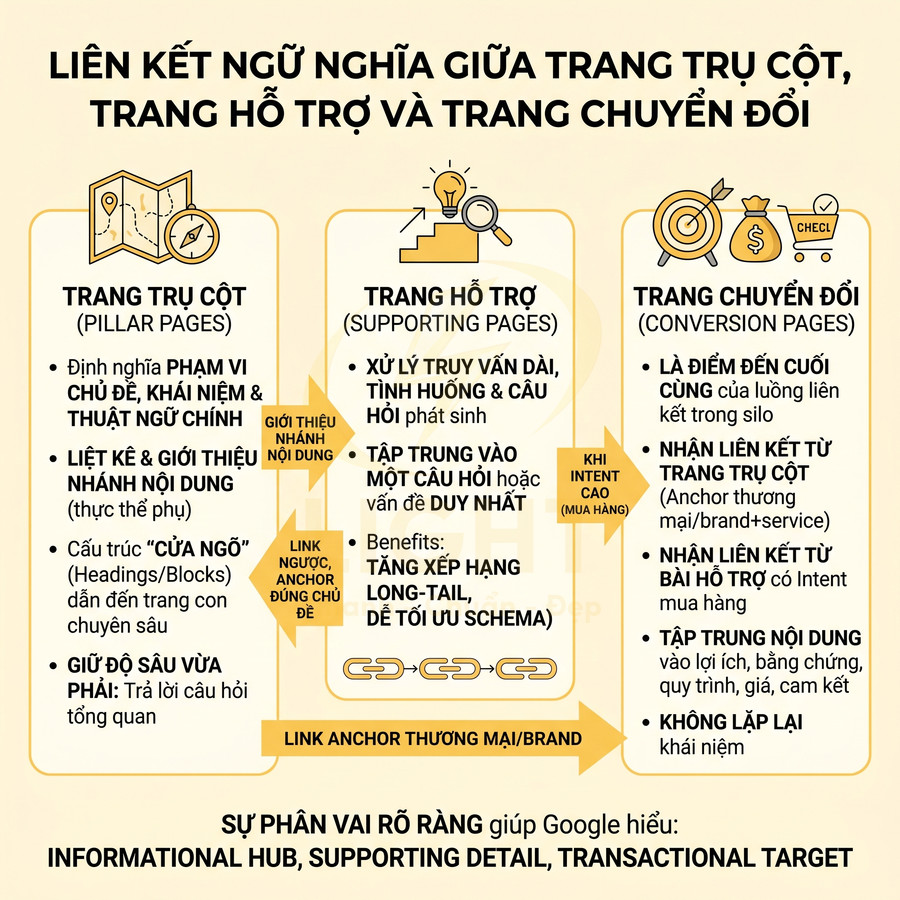 Infographic mô tả liên kết ngữ nghĩa giữa trang trụ cột, trang hỗ trợ và trang chuyển đổi trong chiến lược SEO