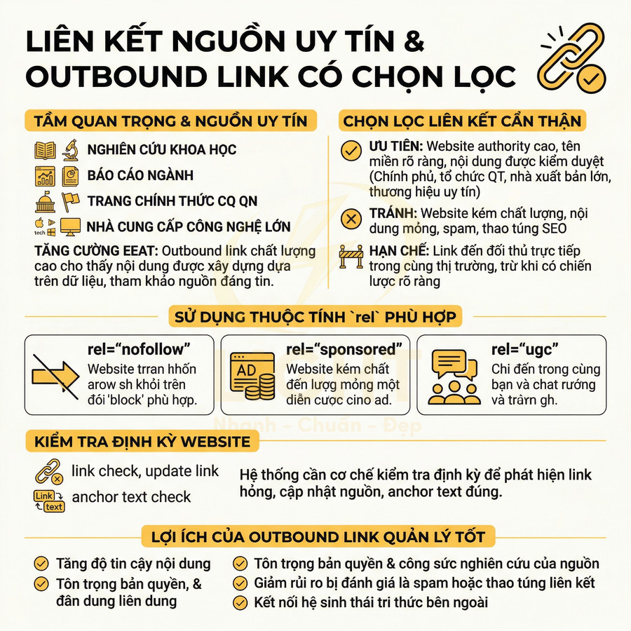 Hướng dẫn SEO về liên kết nguồn uy tín và outbound link chọn lọc, giải thích thuộc tính rel và lợi ích quản lý link