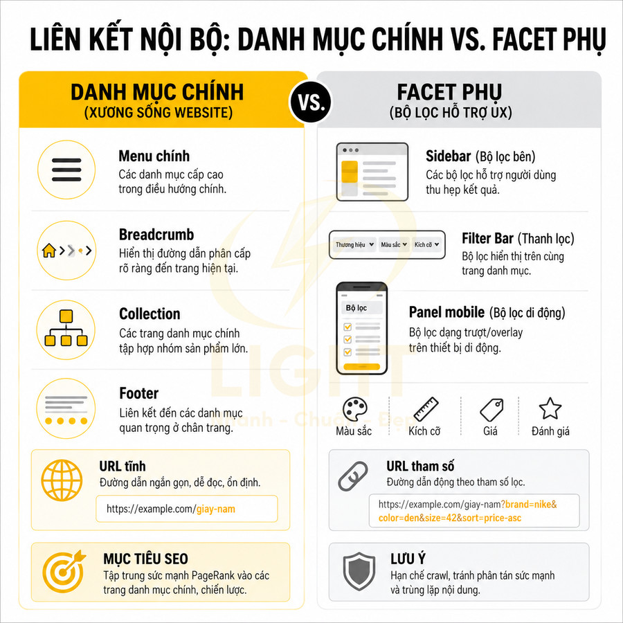 Infographic so sánh liên kết nội bộ danh mục chính và facet phụ trong cấu trúc website chuẩn SEO