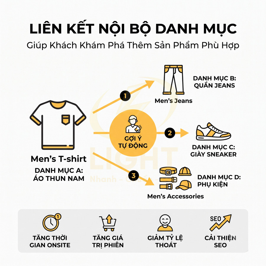 Minh họa liên kết nội bộ danh mục sản phẩm thời trang nam gồm áo thun, quần jeans, giày sneaker và phụ kiện